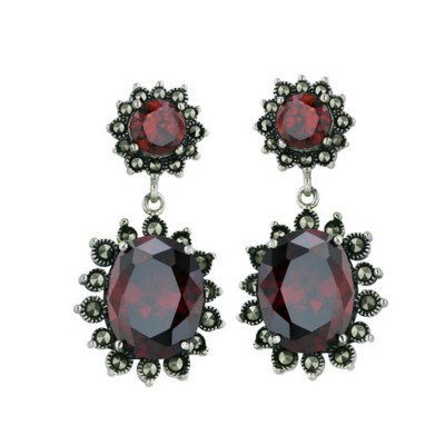 Sterling Silver Earring Garnet 6mm Rd Post 10X13 Oval Dangle