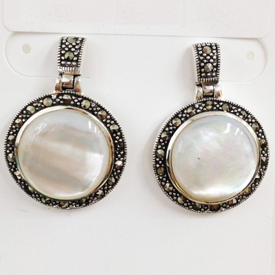 Marcasite Earring 20mm Rd Mother of Pearl Disk on Marc. Bezel+Post