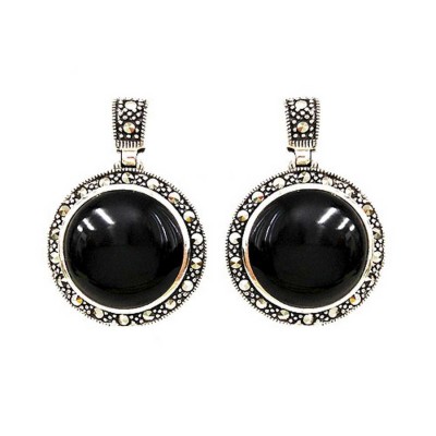 Marcasite Earring 20mm Rd Onyx Disk on Marc. Bezel+Post