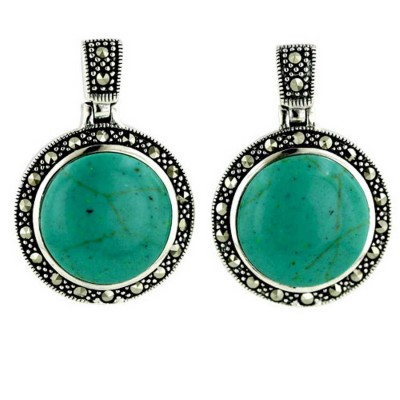 Marcasite Earring 20mm Rd Turquoise Disk on Marc. Bezel+Post