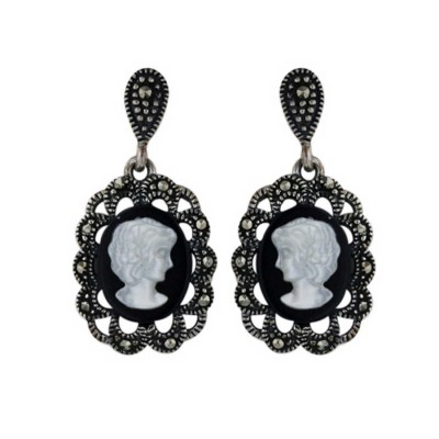 Marcasite Earring Cameo Dangle with Ruffle Border