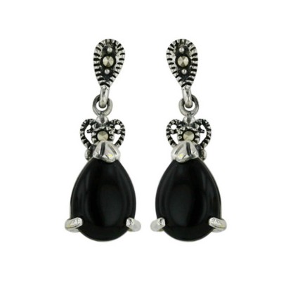 Marcasite Earring Onyx Teardrop Dangle