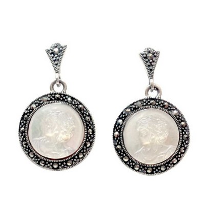Marcasite Earring Mother of Pearl Cameo Round