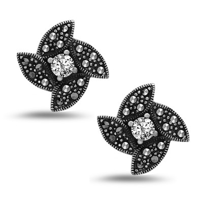 MARCASITE EARRING STUD MARQUISE FLOWER CUBIC ZIRCONIA CENTER