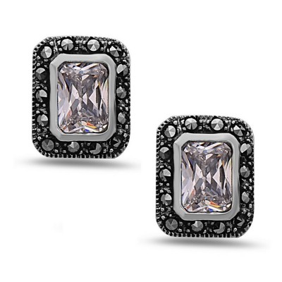 MARCASITE EARRING CLEAR CUBIC ZIRCONIA RECTANGLE CUBIC ZIRCONIA CENTER