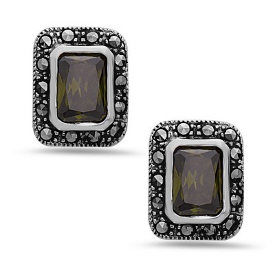 MARCASITE EARRING OLIVINE CUBIC ZIRCONIA RECTANGLE CUBIC ZIRCONIA CENTER