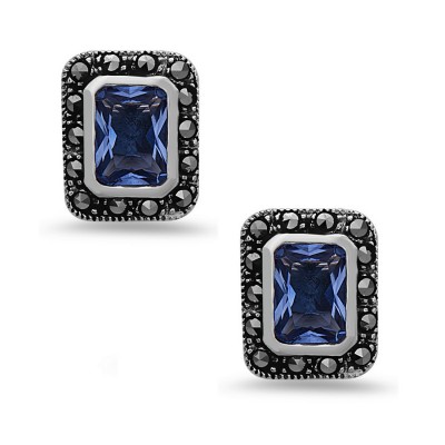 MARCASITE EARRING TANZANITE GLASS RECTANGLE CUBIC ZIRCONIA CENTER