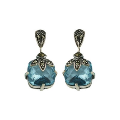 Marcasite Earring Square Blue Cubic Zirconia Dangle