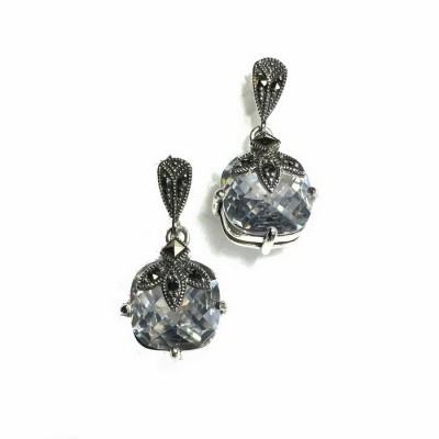 Marcasite Earring Square Clear Cubic Zirconia Dangle 3-Leaf Top