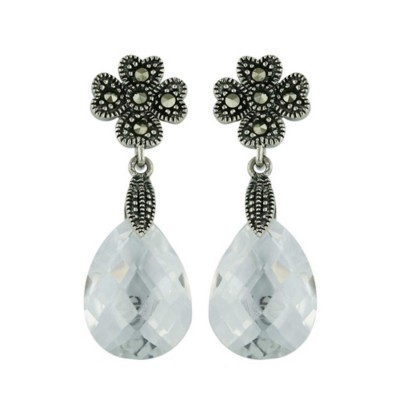 Marcasite Earring Clover Post Dangle Clear Cubic Zirconia Teardrop