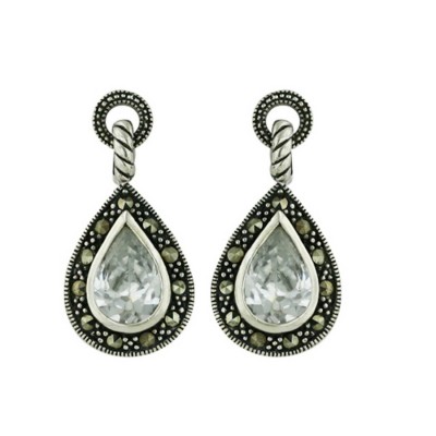 Marcasite Earring 11X7mm Clear Teardrop Cubic Zirconia Rope Clasp Dangle