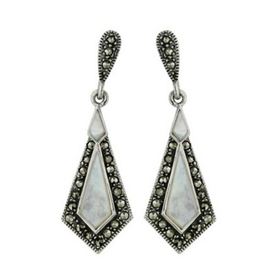Sterling Silver Earring Kite Shape Mother of Pearl Center Marcasite Outline