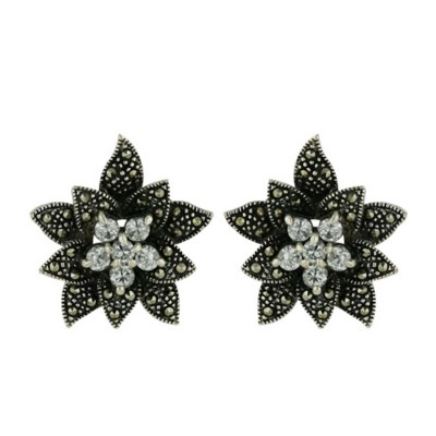 Marcasite Earring Flower with Clear Cubic Zirconia Center