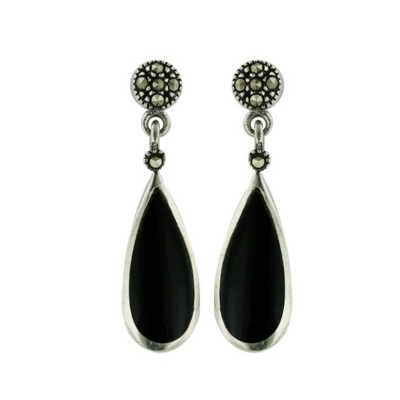 Marcasite Earring 7X15mm Teardrop Onyx Dangle Marcasite Round Top