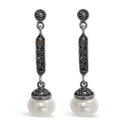 Marcasite Earring Dangle 10Mm Fresh Water Pearl Linear