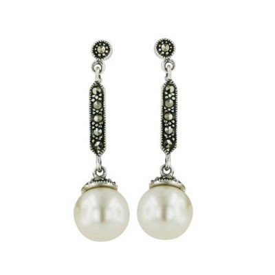 Marcasite Earring Dangle 10mm Pearl