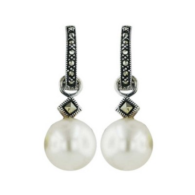 Marcasite Earring Dangle 12mm Pearl with Square Marcasite