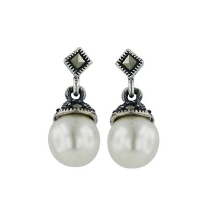 Marcasite Earring Dangle Square Marcasite 8mm Pearl