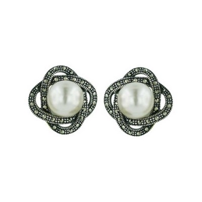 Marcasite Earring 10mm White Faux Pearl Ctr Petal Around