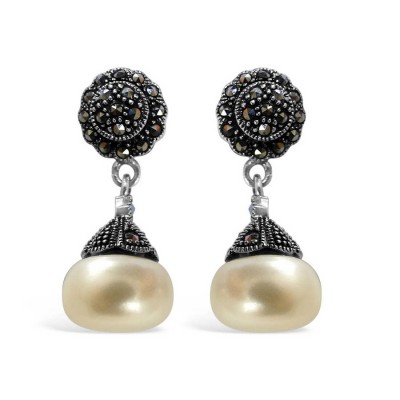 Marcasite Earring 12Mm Fresh Water Pearl Dangle Marcasite