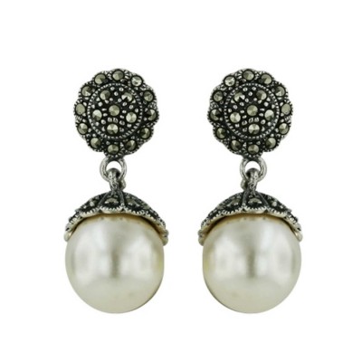 Marcasite Earring 12mm Pearl Dangle Marcasite Post
