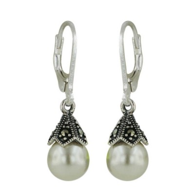 Marcasite Earring Dangle 8mm Pearl
