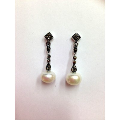 Marcasite Earring 10mm Fresh Water Pearl Dangling Marcasite Shapes