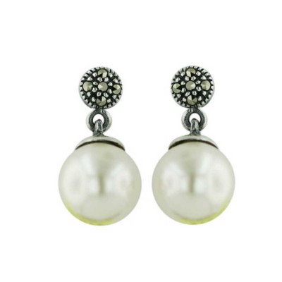 Marcasite Earring Dangle 10mm Pearl