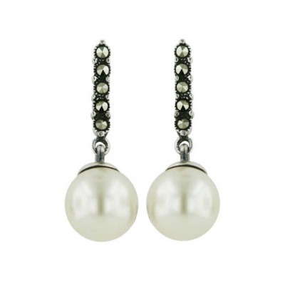 Marcasite Earring 10mm White Faux Pearl Marcasite Stick Top