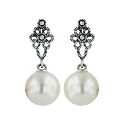 Sterling Silver Earring Marcasite Flower on Top 12mm Pearl