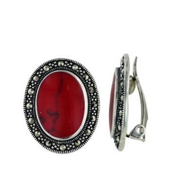 Marcasite Earring Clip-On 12X17mm Synthetic Coral Center