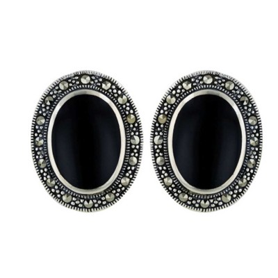 Marcasite Earring 12X17mm Onyx Center Marcasite Surround