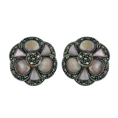 Sterling Silver Earring Marcasite Flower with Pink Mother of Pearl Petals