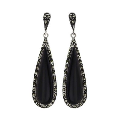 Marcasite Earring 31X10mm Onyx Teardrop Marcasite Around Post