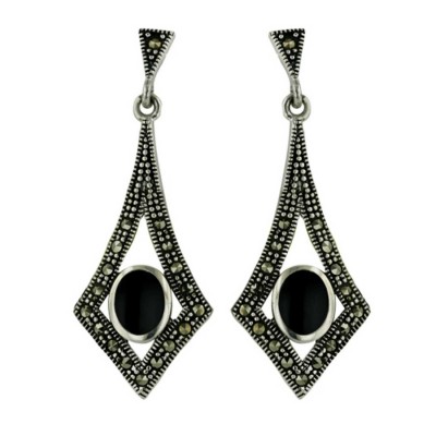 Marcasite Earring 6X7mm Oval Onyx Cntr Open Marcasite Rhombus Dangling