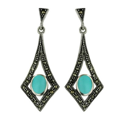 Marcasite Earring 6X7mm Oval Turquoise Cntr Open Marcasite Rhombus Dangle
