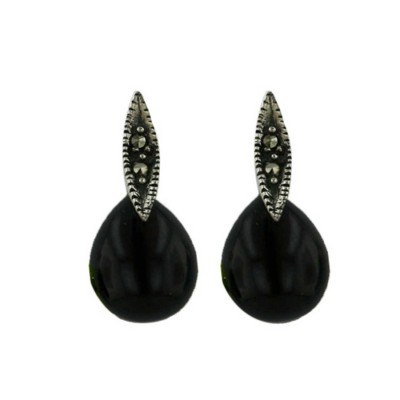 Marcasite Earring Onyx Teardrop Marquis Post