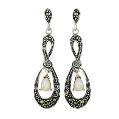 Marcasite Earring Open "8"Shaped 6X4mm Mother of Pearl Teardrop Dangle