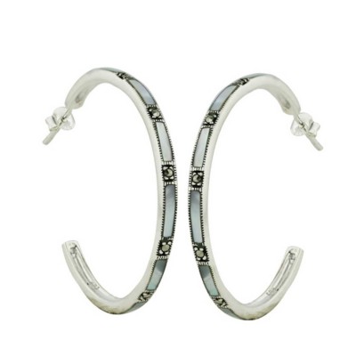 Marcasite Earring 40mm Open Hoop 9X2.5mm Mother of Pearl Marcasite Station