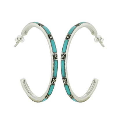Marcasite Earring 40mm Open Hoop 9X2.5mm Turquoise Marcasite Station