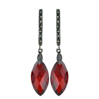 Marcasite Earring 9X18mm Chess Cut Garnet Marquis Cubic Zirconia Marcasite Bar Top