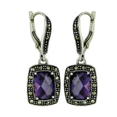Marcasite Earring 9X7mm Chess Cut Square Ame Cubic Zirconia Marcasite Around Lever