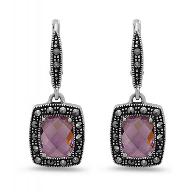 MARCASITE EARG 9X7MM CHESS CUT PINK CUBIC ZIRCONIA MARCASITE AROUND LEVER