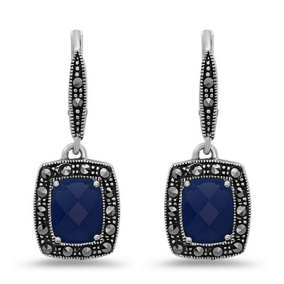 MARCASITE EARG 9X7MM CHESS CUT SAPPHIRE GLASS MARCASITE AROUND