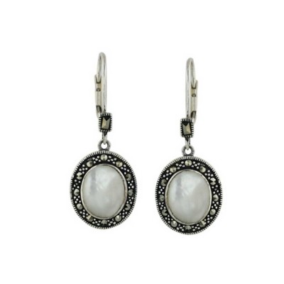 Marcasite Earring Mother of Pearl Oval Center Marcasite Surrounding