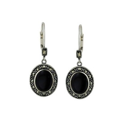 Marcasite Earring Onyx Oval Center Marcasite Surrounding