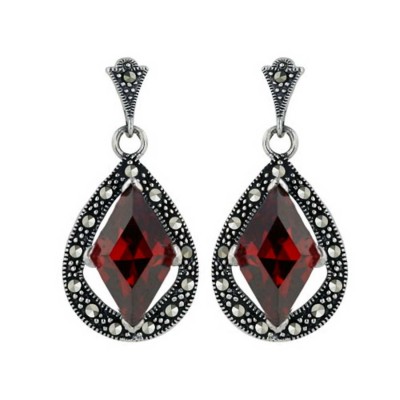 Marcasite Earring Tear Drop Rhombus Garnet Cubic Zirconia