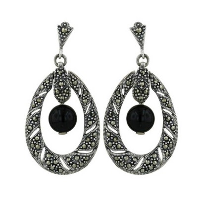 Marcasite Earring Twisted Marcasite Open Tear Drop with 8mm Onyx Ball