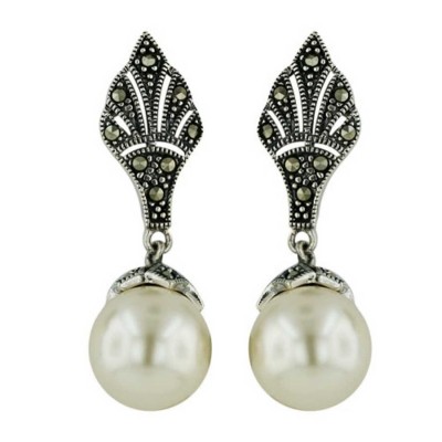 Marcasite Earring Pearl Dangle Marcasite Flower Cap