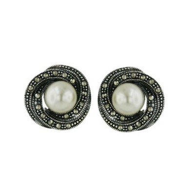 Marcasite Earring 8mm Pearl on Marcasite Swirls